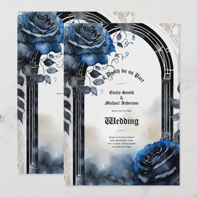 Invitation Mariage gothique Noir Bleu Rose Arch Alternative (Devant / Derrière)