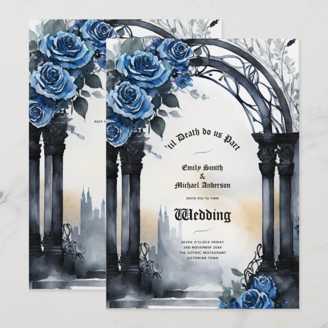 Invitation Mariage gothique Noir Bleu Rose Arch Alternative (Devant / Derrière)