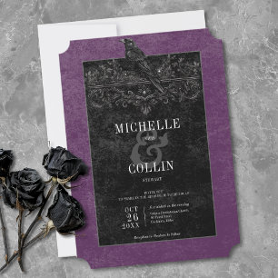 Invitation Mariage gothique noir corbeau & roses noires pourp