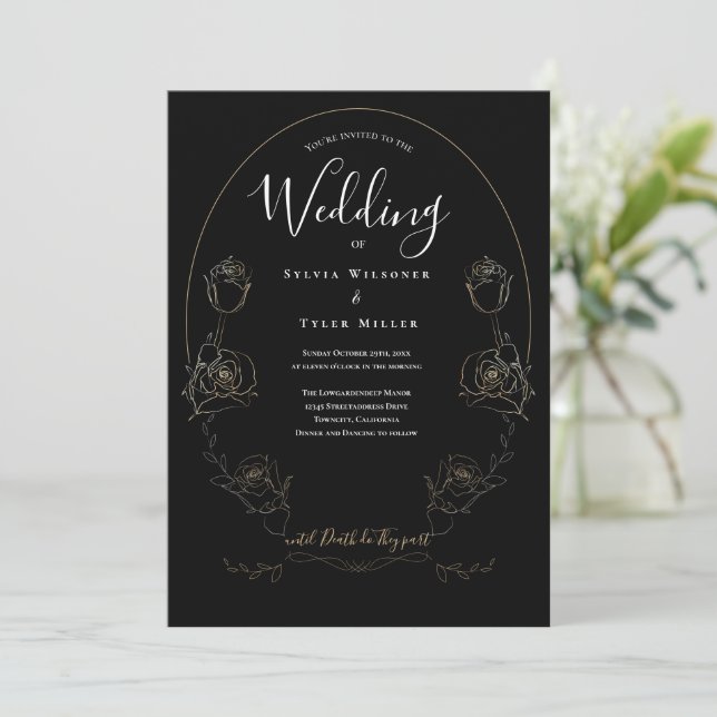 Invitation Mariage gothique noir floral (Debout devant)