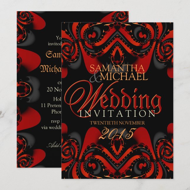 Invitation Mariage gothique noir rouge exotique (Devant / Derrière)