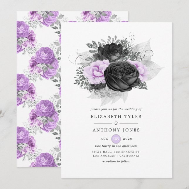 Invitation Mariage gothique noir violet et argenté (Devant / Derrière)