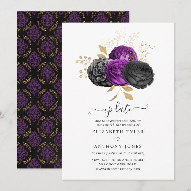 Invitation Mariage gothique noir violet et or (Devant / Derrière)