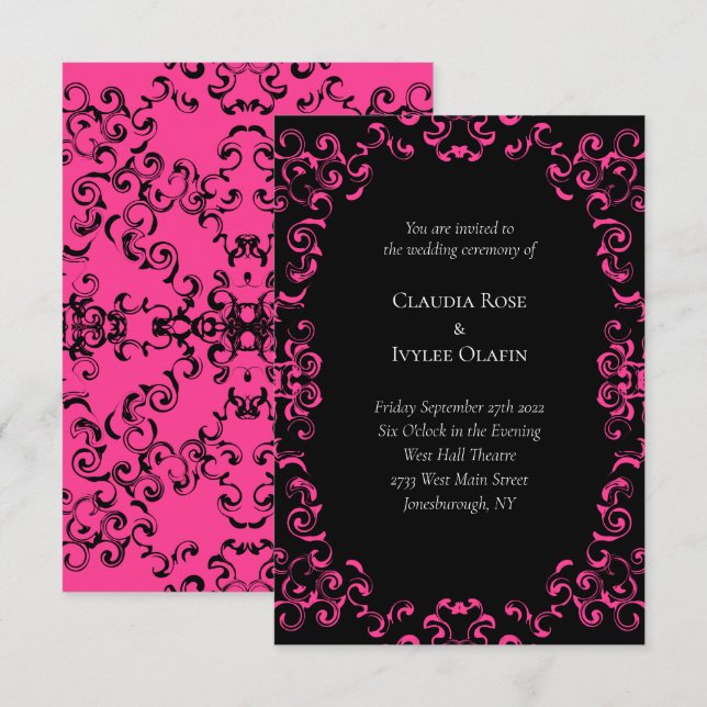 Invitation Mariage gothique rose chaud et noir (Devant / Derrière)