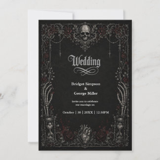Invitation Mariage Gothique Rose Noire Crâne Coeur