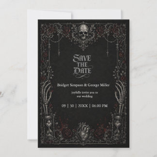 Invitation Mariage Gothique Rose Noire Crâne Coeur