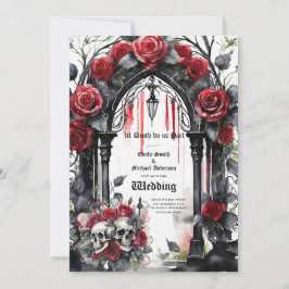 Invitation Mariage gothique Rouge Noir Rose Crânes Arch