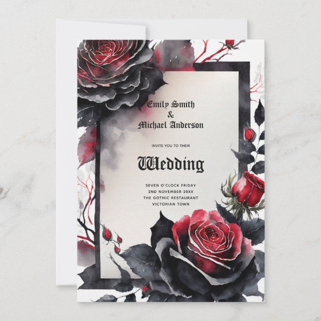 Invitation Mariage gothique Rouge Noir Rose Crânes Arch (Devant)