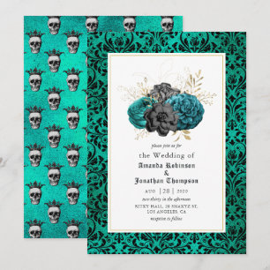 Invitation Mariage gothique turquoise, noir et or