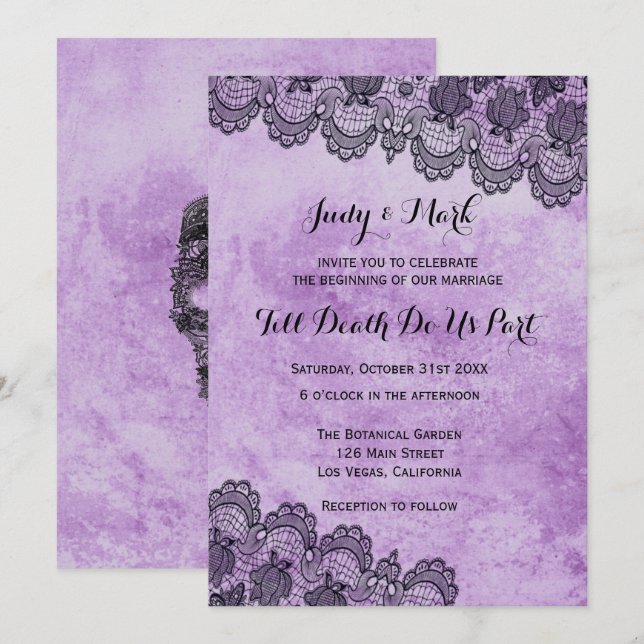 Invitation Mariage gothique violet de dentelle noire (Devant / Derrière)
