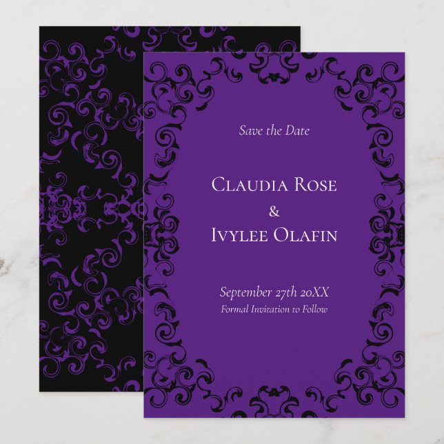 Invitation Mariage gothique violet et noir (Devant / Derrière)