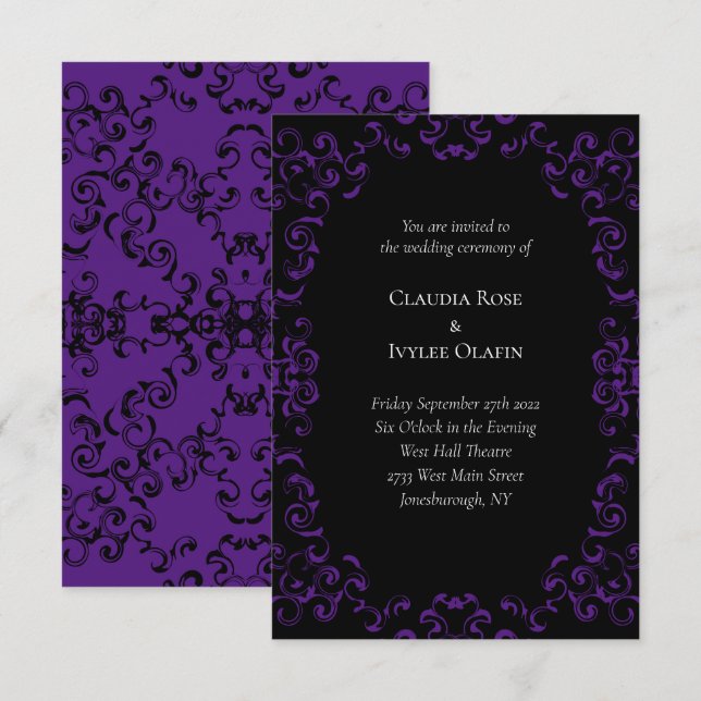 Invitation Mariage gothique violet et noir (Devant / Derrière)