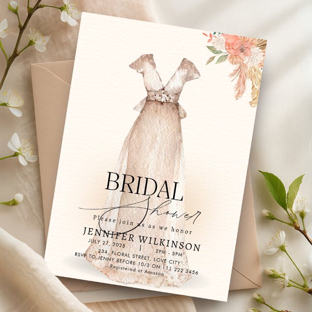 Invitation Mariage Gown robe Chute Fête des mariées florale (Wedding Gown Dress Fall Floral Bridal Shower Invitation)