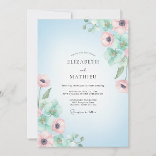 Invitation Mariage gracieux de l'anémone bleu ciel