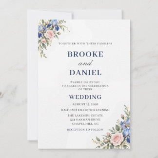 Invitation Mariage gracieux Iris Bleu Rose Blush