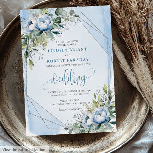 Invitation Mariage Gras Pastel Bleu Blancs Argent Peonies