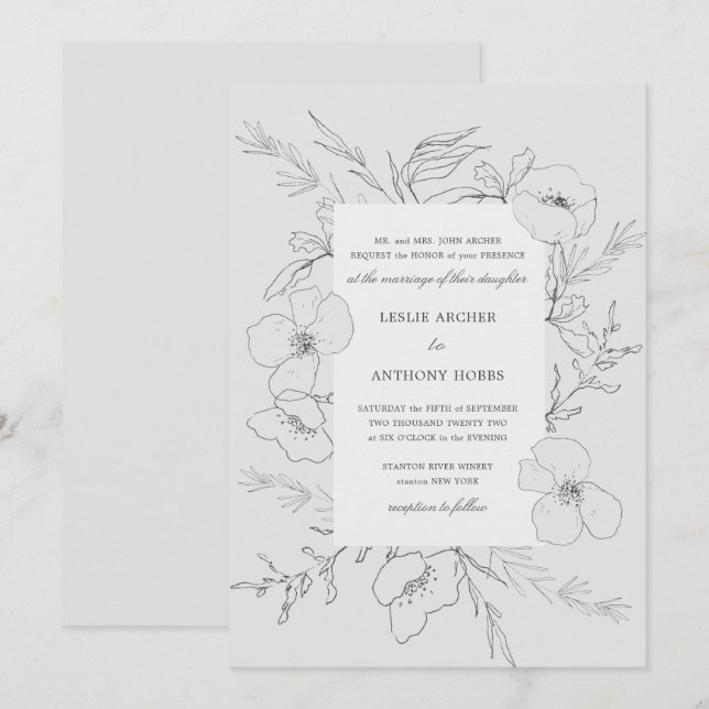 Invitation Mariage gris de Peony esquissé à la main (Devant / Derrière)