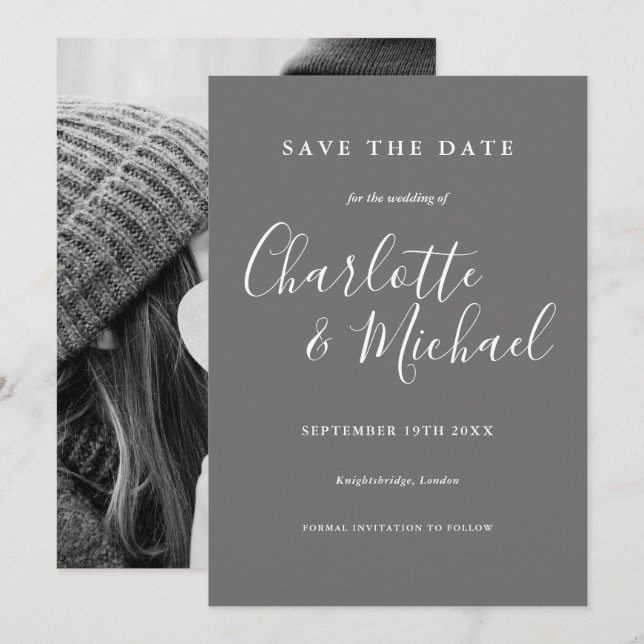 Invitation Mariage gris et blanc Enregistrer la date Photo (Devant / Derrière)