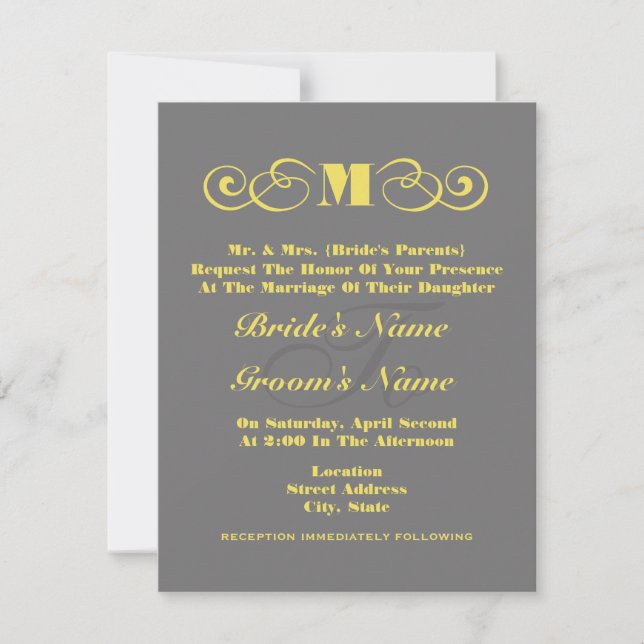 Invitation Mariage gris et jaune de monogramme Inviter (Devant)