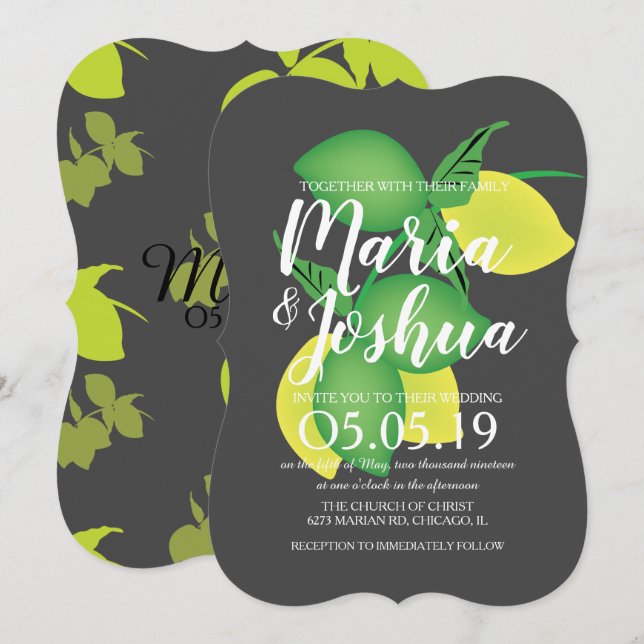 Invitation Mariage gris Motif citron vert frais (Devant / Derrière)