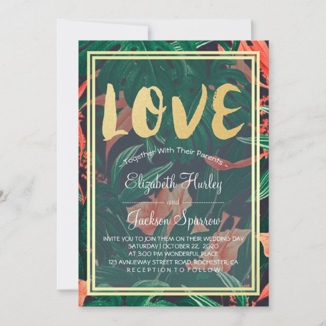 Invitation Mariage hawaïen moderne Tropical Floral Gold Frame (Devant)