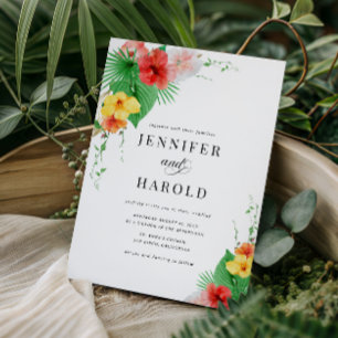 Invitation Mariage Hawaïen Tout en Un aux Hibiscus Colorés Tr