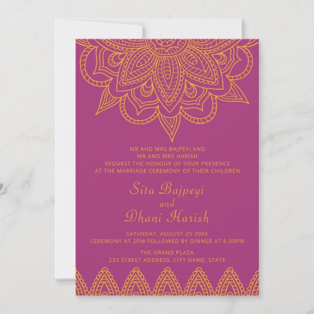 Invitation Mariage hindou indien couleur rose Mehndi (Devant)
