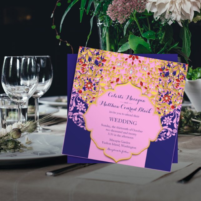 Invitation Mariage Hindou Lux Bijoux or rose bleu (Créateur téléchargé)