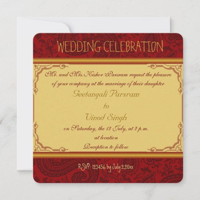 Invitation mariage hindoue de Paisley rouge et or (Devant)