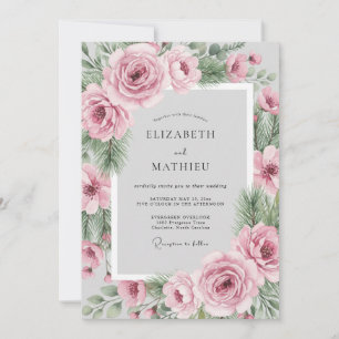 Invitation Mariage hivernal à feuilles persistantes rose tend