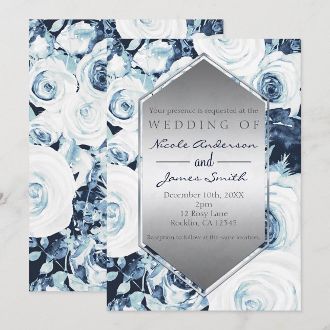 Invitation Mariage Hivernal Bleu Blanc Argent Roses Vintage (Devant / Derrière)