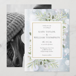 Invitation Mariage Hivernal de Flocons de Neige Feuillage Pho