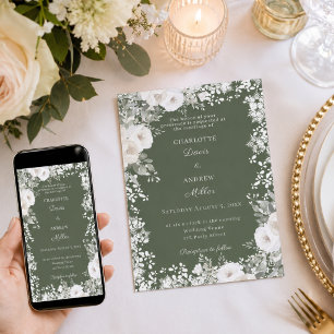 Invitation Mariage hivernal de roses ivoire vert et neige