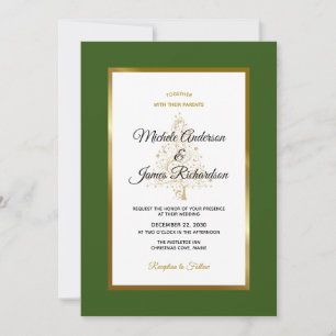 Invitation Mariage hivernal élégant avec vert de forêt et or