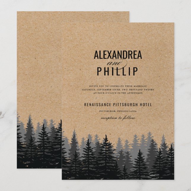 Invitation Mariage hivernal Kraft des pins russes (Devant / Derrière)