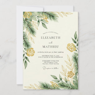 Invitation Mariage hivernal vert pin doré