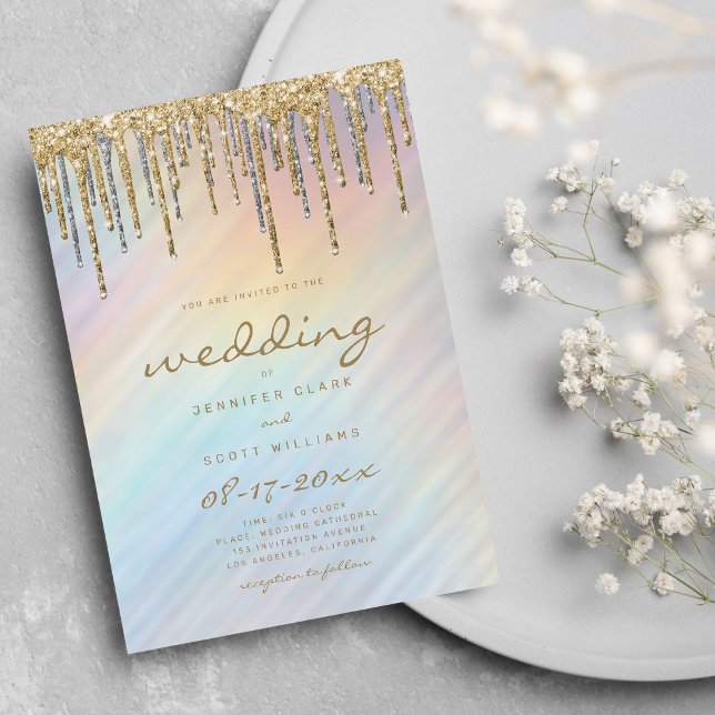 Invitation Mariage holographique arc-en-ciel avec gouttes de  (Gold Glitter Drips Rainbow Holographic Wedding Invitation )