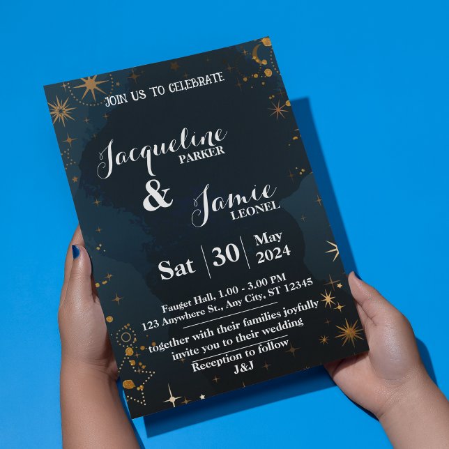 Invitation Mariage illustratif de la marine et du ciel noir (Navy and Black Night Sky Illustrative Wedding Invitation)