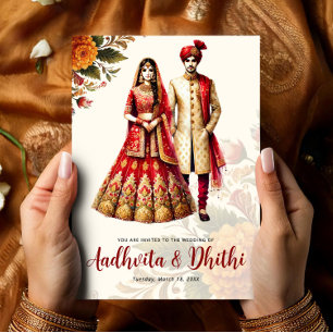Invitation Mariage indien avec la mariée et le marié traditio