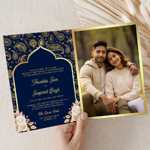 Invitation Mariage indien Code QR Floral Paisley Or et Bleu