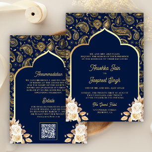Invitation Mariage indien Code QR Floral Paisley Or et Bleu