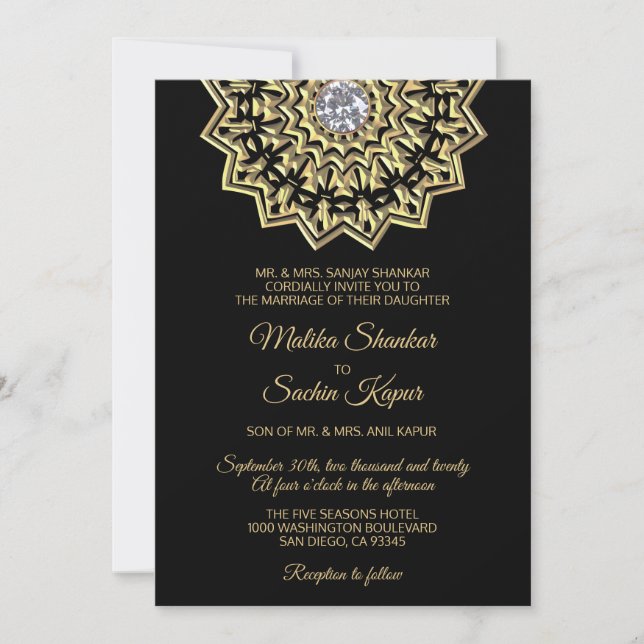 Invitation Mariage indien de mandala de noir élégant d'or (Devant)