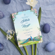 Mariage indien de paon floral aquarelle bleue