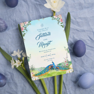Invitation Mariage indien de paon floral aquarelle bleue