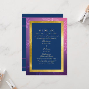 Invitation Mariage indien de style royal bleu, rose et or  