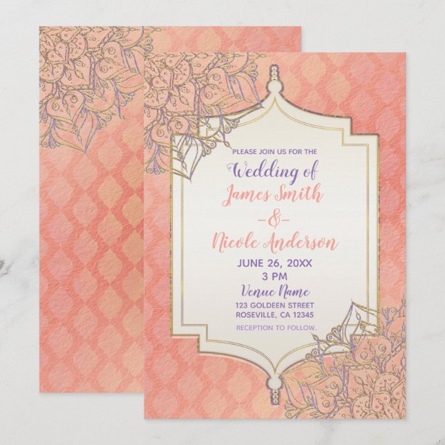 Invitation Mariage indien Glam marocain or lavande corail (Devant / Derrière)