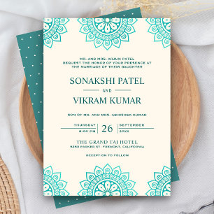 Invitation Mariage indien mandala beige et sarcelle ethnique