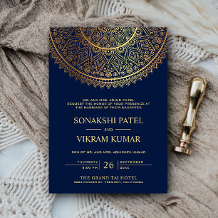 Invitation Mariage indien Mandala en or bleu traditionnel