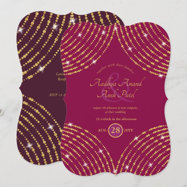 Invitation Mariage indien moderne Pink Cerise Purple Gold (Devant / Derrière)