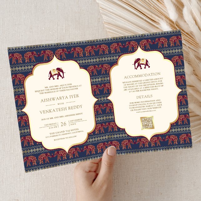 Invitation Mariage indien Navy Blue Burgundy Gold Elephant (Créateur téléchargé)
